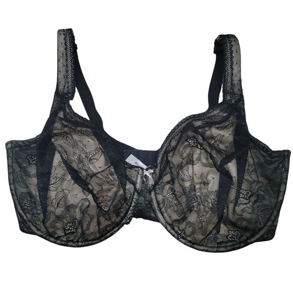 Cacique Modern Lace Lightly Lined Balconette Bra Black beige 42H - Picture 2 of 9